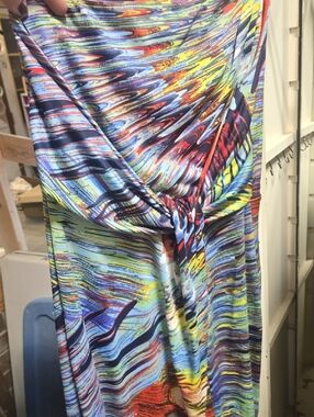 Vibrant Multicolor Twist-Front Toga Dress With Gold Shoulder Bangle